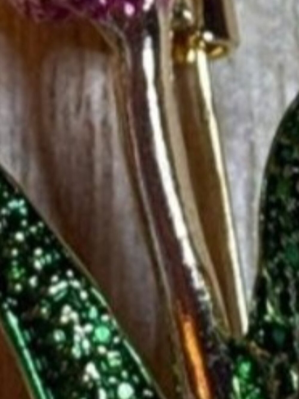 Pink Tulip Crystal Brooch with Green Enamel Leaves